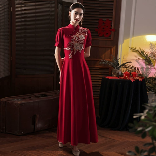 Осеннее длинное бордовое вечернее платье, китайский стиль