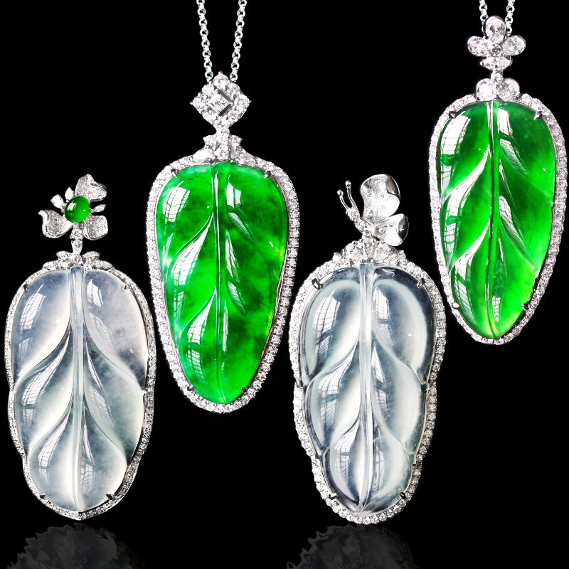 Ice jadeite leaf pendant gold inlaid jade leaf 18k gold inlaid processing custom leaf jadeite necklace female high-end