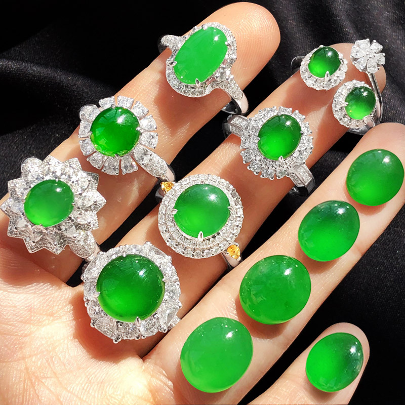 Ice-Type Light Green Jadeite Ring for Women, Burmese A-Grade Cabochon Loose Stone Ring Face, Full Green with 18K Gold Inlay, Men's Imperial Green