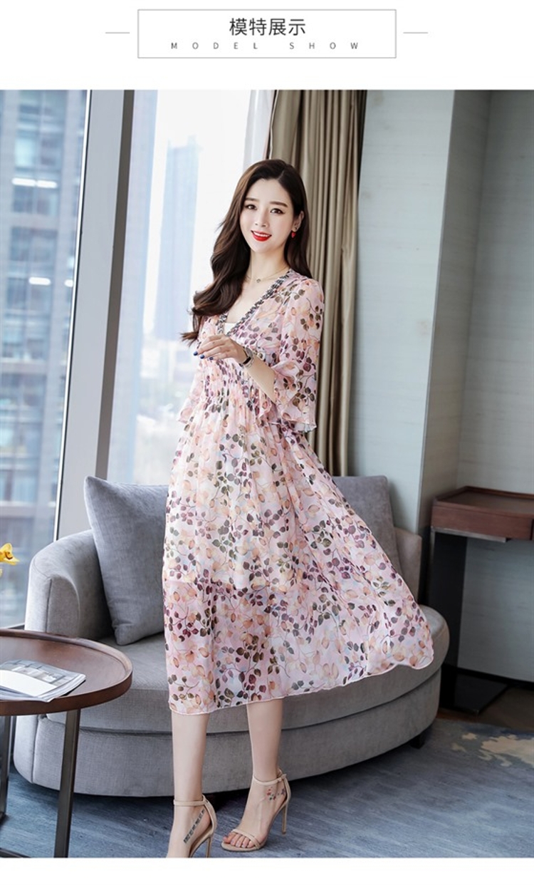 Mùa hè 2019 khí chất mới của phụ nữ Phiên bản Hàn Quốc của khí chất cổ chữ V mỏng manh hoang dã Một chiếc váy voan hoa chữ trong phần dài - A-Line Váy váy xòe công sở
