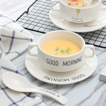 Creative Cartoon Binaural Bowl Ceramic Bowl of Dish Spoon Suit Cutlery Stew for the Soup Bowl Sweet double leather Milk Bowl Small Bowl