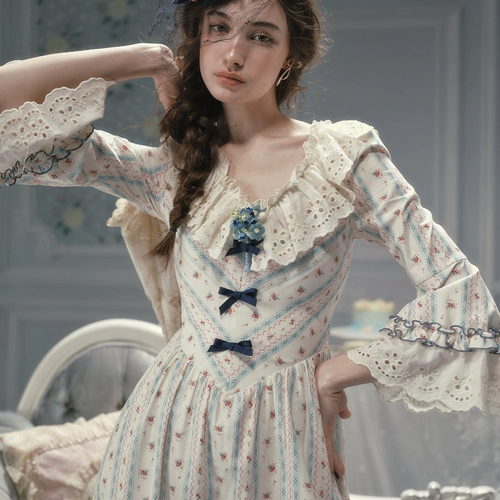 Платье LaceMade Good Morning Versailles, хлопковая длинная юбка в полоску с v-образным вырезом и v-образным вырезом в пасторальном стиле, в полоску