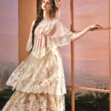 LaceMade Peach Blossom Fan Французский девичий кружевной топ с v-образным вырезом и средним рукавом, рубашка «летучая мышь», шифоновая рубашка для женщин