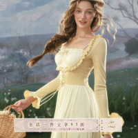 LaceMade pretty cream French sweet design contrasting fake two-piece long-sleeved dress for early spring commuter women
