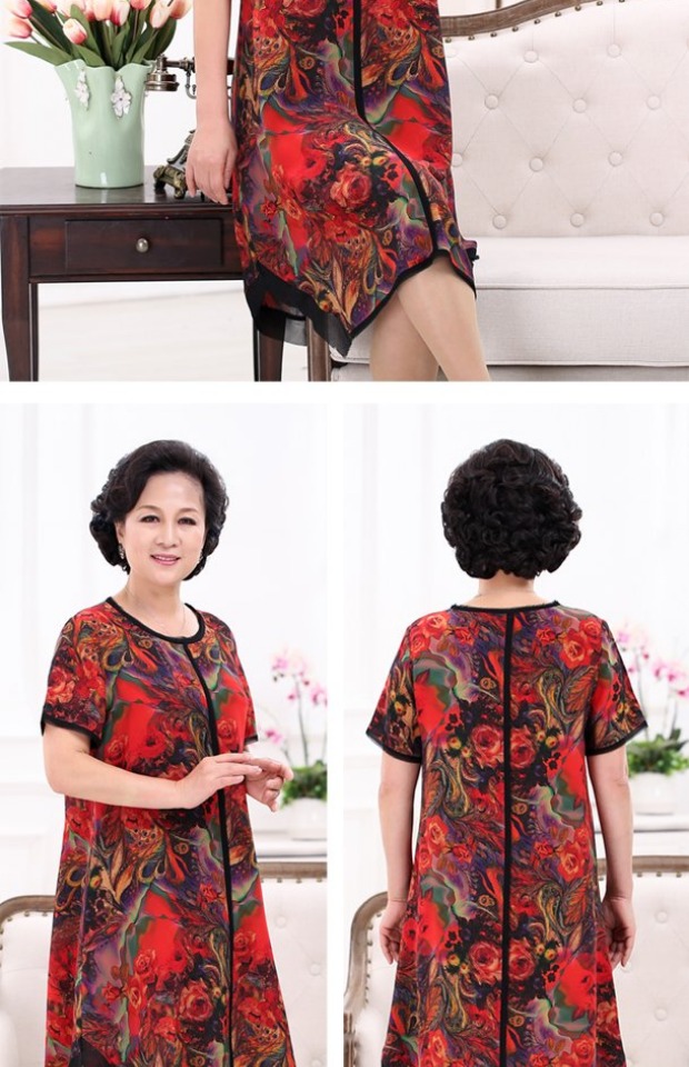 Váy lụa tằm lụa trung niên cao cấp in tay áo rộng kích thước mẹ mặc đầm mùa hè vinh quang 2752 - Quần áo của mẹ áo kiểu nữ trung niên