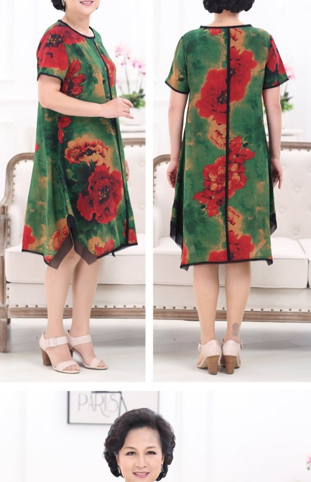 Váy lụa tằm lụa trung niên cao cấp in tay áo rộng kích thước mẹ mặc đầm mùa hè vinh quang 2752 - Quần áo của mẹ áo kiểu nữ trung niên