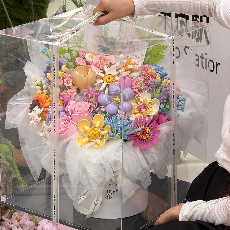 Building Block Flower Bouquet Display Box, Hug Bucket, Birthday Gift for Female Friends, Complete Set of DIY Materials