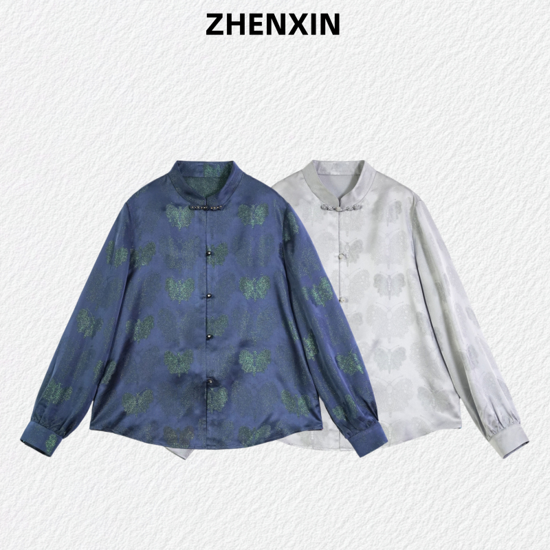 【Colorful Gold Butterfly】Shangjiuqian Brocade Floral Shimmering Silk Long-Sleeve Shirt Made of Mulberry Silk for Spring and Autumn, Chinese-Style Front-Opening, Suitable for Gifting 【Colorful Gold Butterfly】Shangjiuqian Brocade Floral Shimmering Silk Long-Sleeve Shirt Made of Mulberry Silk for Spring and Autumn, Chinese-Style Front-Opening, Suitable for Gifting