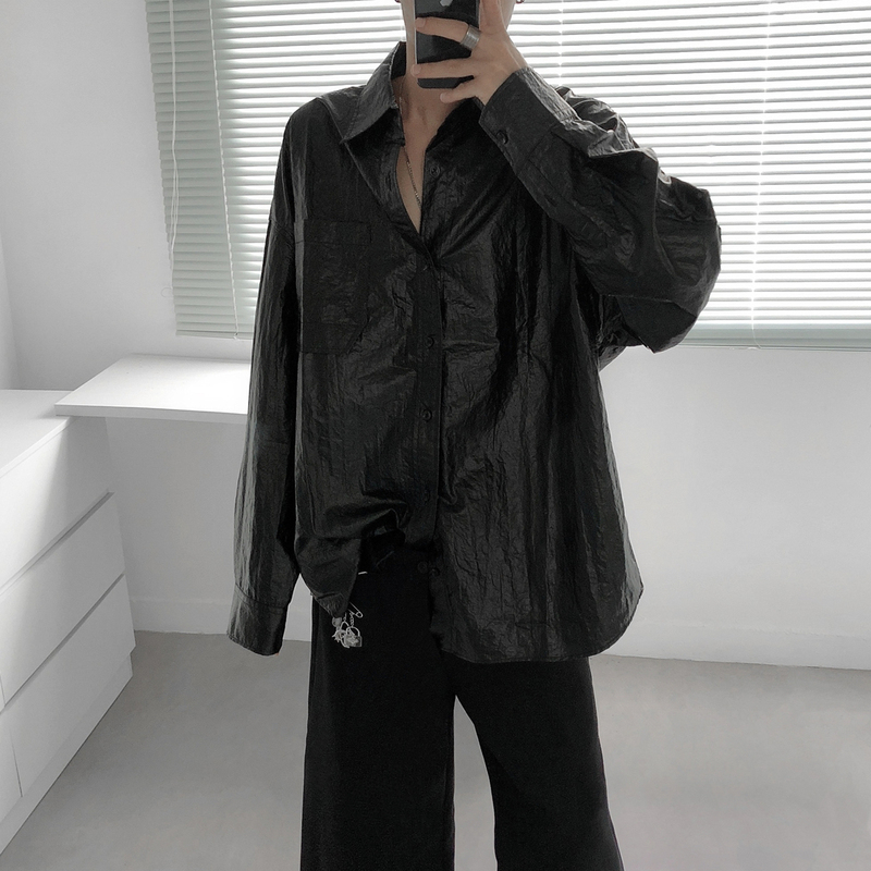 Mr. Fude's Pleated Leather Shirt for Men, with a Unique Design, Loose Fit, Niche Trendy Casual Shirt, New Long-Sleeve Top Mr. Fude's Pleated Leather Shirt for Men, with a Unique Design, Loose Fit, Niche Trendy Casual Shirt, New Long-Sleeve Top