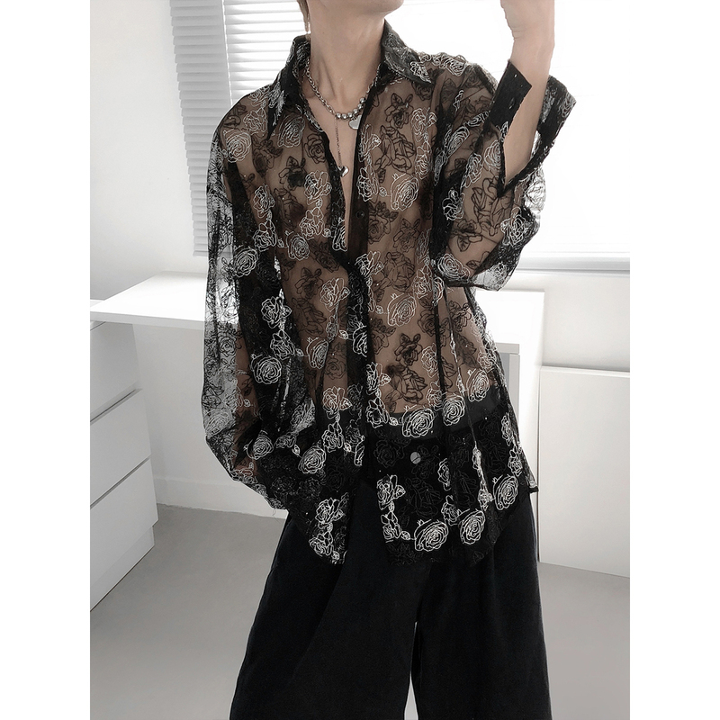 Mr. Fude's Rose-Colored Hollow-Out Sheer Long-Sleeve Shirt Jacket with a Unique Design, Trendy and Loose-Fitting Sun-Protective Shirt
