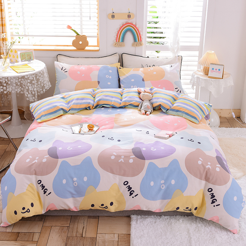 Cute kitty student pure cotton quilt cover 0 9 m-three sets of all-cotton children cartoon bed hat 1 5 four-piece bed set