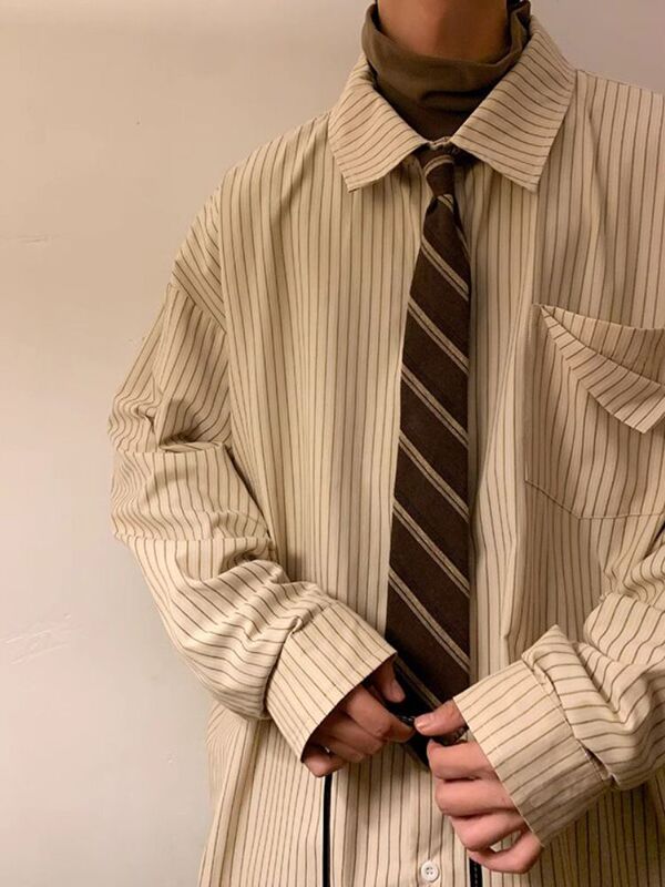 Khaki Striped Shirt Men's 2024 Autumn Cityboy Japanese Retro Youthful Style Shirt Jacket Khaki Striped Shirt Men's 2024 Autumn Cityboy Japanese Retro Youthful Style Shirt Jacket