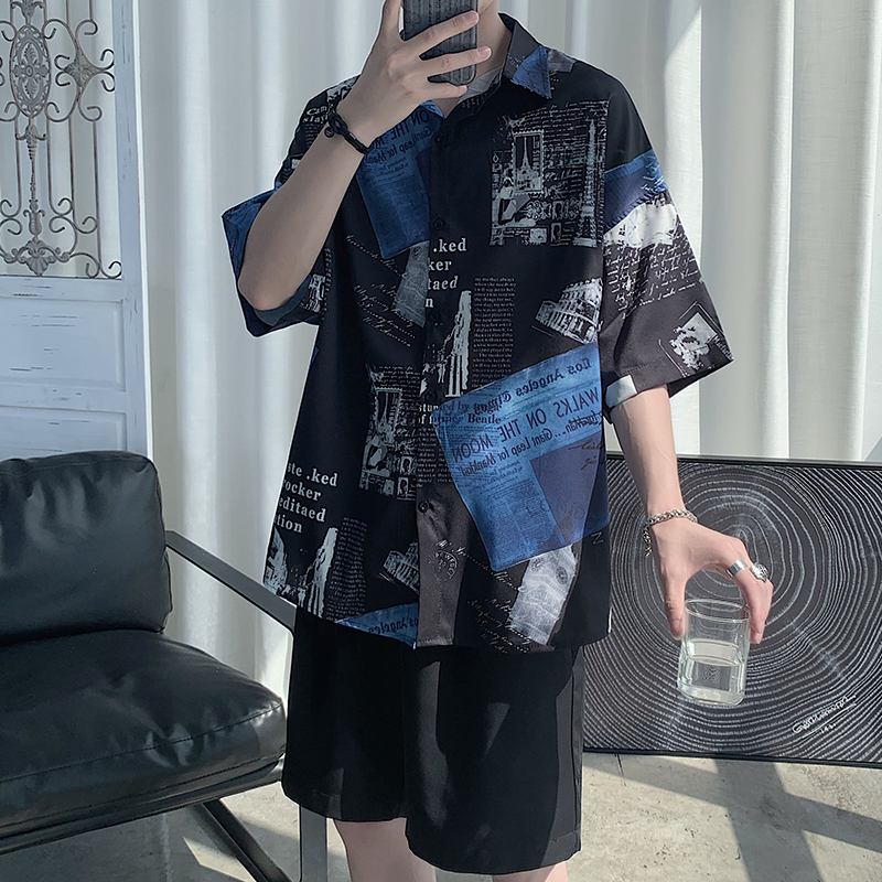 European and American Style Literary Newspaper Print Five-Quarter Sleeve Elegant and Handsome Men's Shirt, Ice Silk Shirt, Summer Thin Short-Sleeved Trendy Brand