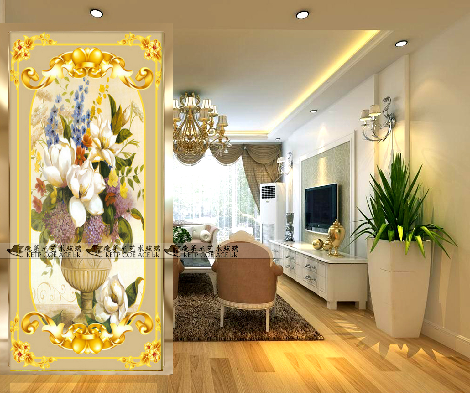 Art glass screen partition of the masonry TV Background wall living room aisle carving process European Vase Flower
