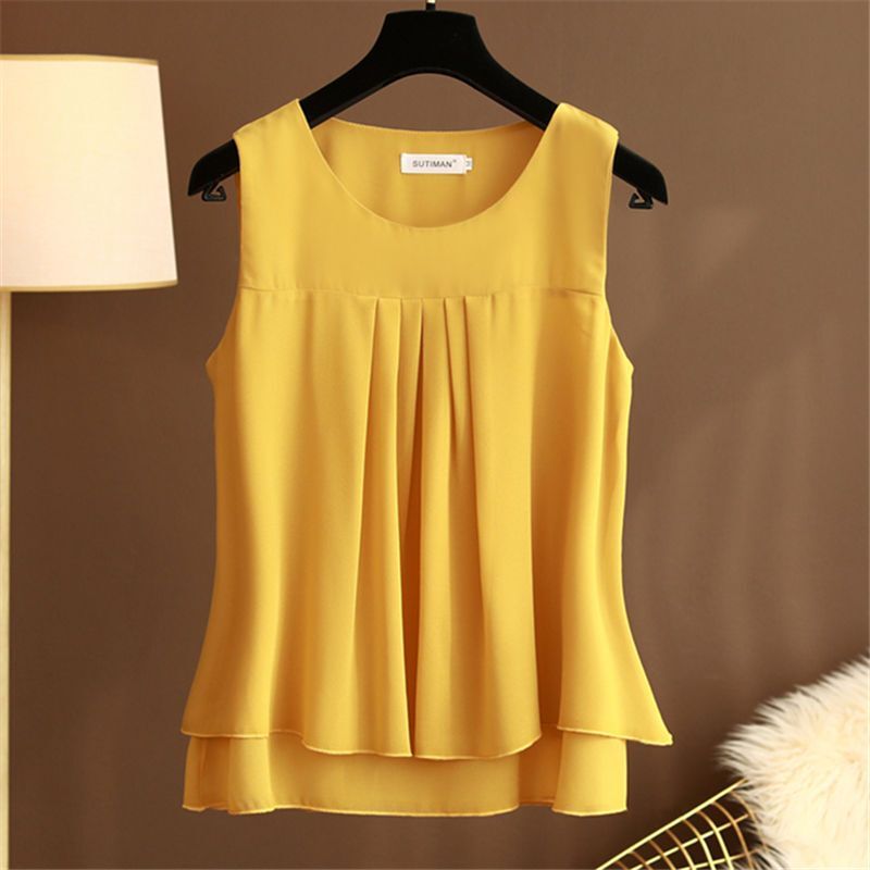 Summer New Style Sleeveless Vest with Round Neck, Pleated Double-Layer Hem, Loose Fit, Slimming, Tummy-Covering, Elegant and Versatile Chiffon Top