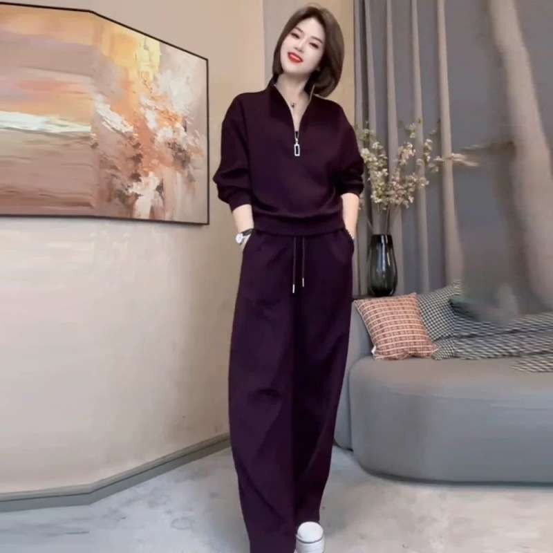 Lightly Mature and Sophisticated Casual Suit for Women in Autumn and Winter, Loose-Fitting Stand-Up Collar Sweatshirt, Drapey Wide-Leg Pants, Slimming and Age-Reducing Two-Piece Set