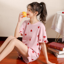 Pajamas womens short-sleeved shorts set ruffles cotton cute heart-shaped summer students can wear cotton home clothes