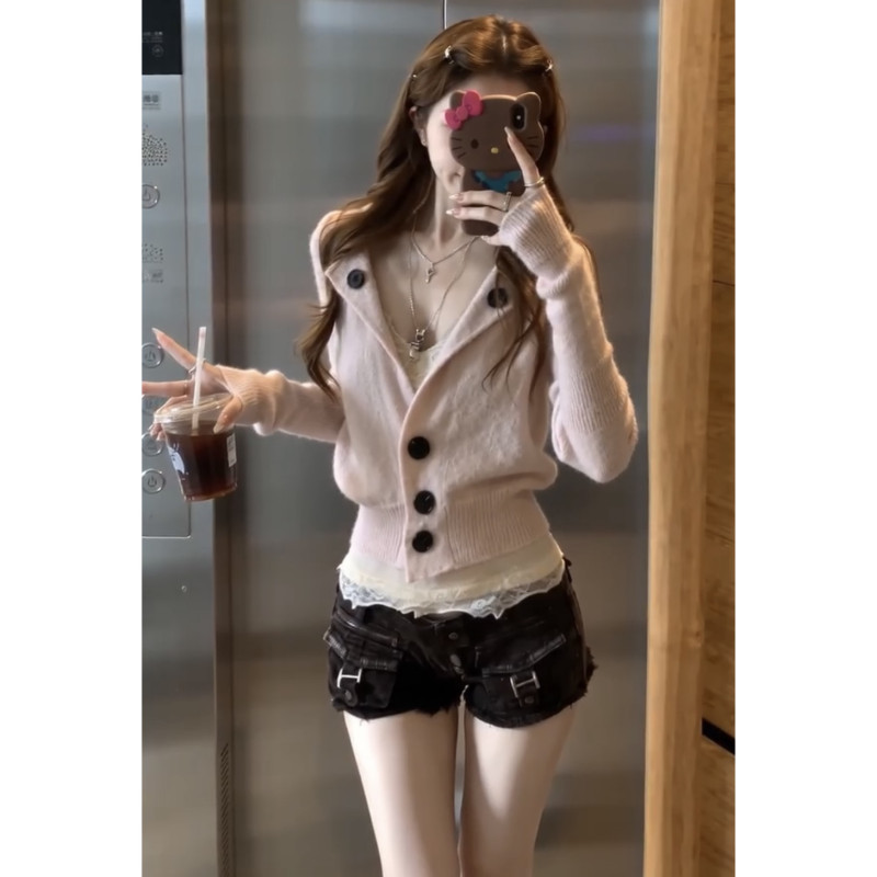 Pink Korean-Style Lapel Sweater Cardigan for Women, Autumn, Very Stylish, Unique Design, Slim-Fit Long-Sleeve Knit Top Pink Korean-Style Lapel Sweater Cardigan for Women, Autumn, Very Stylish, Unique Design, Slim-Fit Long-Sleeve Knit Top
