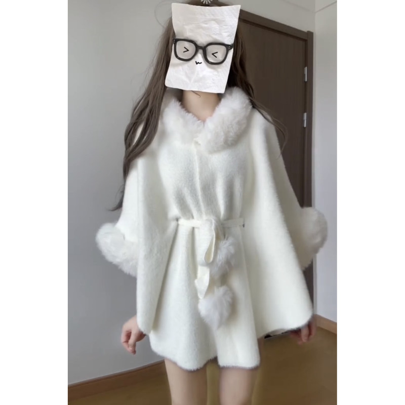 New Autumn and Winter Women's Cape Shawl, Fashionable and Elegant Mid-Length Hepburn-Style Coat, Chanel-Style White Fur Collar Jacket