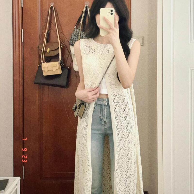 Trendy Spring Outerwear Layered Sleeveless Hollow-Out Cover-Up Long Dress 2025 New Style Women's Early Spring Outfit