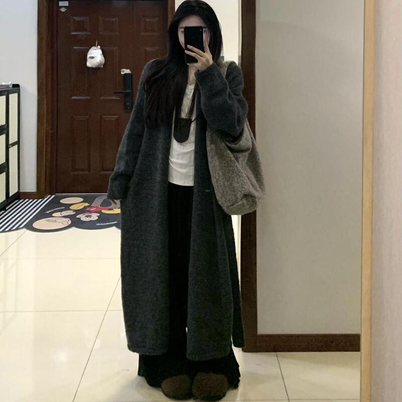 Korean Style Dark Gray Lazy Style Long Over-The-Knee Knitted Cardigan Sweater for Women, Autumn and Winter Thickened Loose Slimming Coat Korean Style Dark Gray Lazy Style Long Over-The-Knee Knitted Cardigan Sweater for Women, Autumn and Winter Thickened Loose Slimming Coat
