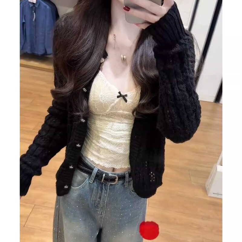 Gentle and Elegant Style Hollow-Out Ribbon Knit Cardigan for Women, Spring Short Versatile Loose Slimming Sweater Coat Top