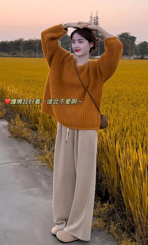 Orange Round-Neck Pullover Soft Sweater for Women 2025 Autumn and Winter New Style Lazy Style Thickened Mid-Length Knit Top