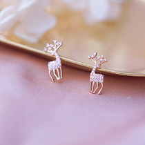 Simple style S925 sterling silver needle pink diamond deer earrings fresh literary vitality girl earrings Christmas gift