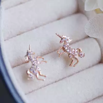 Korean temperament personality unicorn 925 silver needle diamond rose gold small ear needle exquisite 2021 New Tide pink diamond