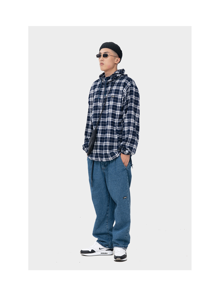 WASSUP mùa thu hai màu flannel kẻ sọc sanding áo khoác trùm đầu áo khoác mùa thu và mùa đông nam và nữ mô hình hoang dã các kiểu áo công sở de thương