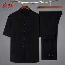 Chinese style short sleeve linen set father summer Tang suit male middle-aged and elderly Chinese improved Chinese clothing cotton and linen short sleeve male