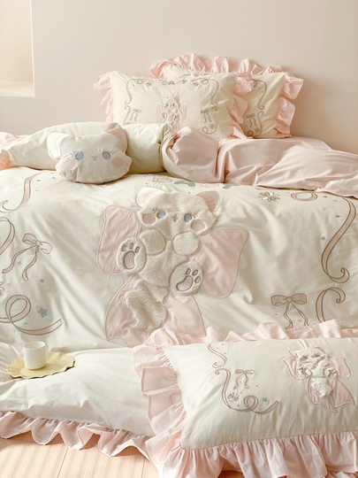 可爱猫咪︱春夏款韩式少女心刺绣全棉纯棉公主风四件套水洗棉被套