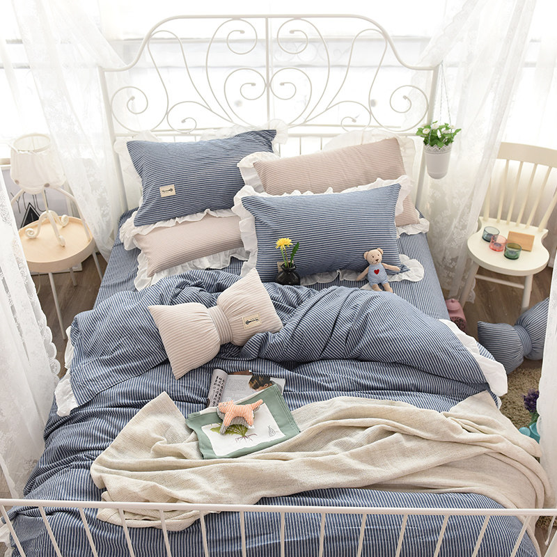 Spring and summer Han style brief frescoed water washed cotton four pieces all cotton pure cotton princess wind lotus leaf side quilt cover 1 8m bed linen