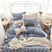 Spring and summer Korean simple fresh washed cotton four-piece set Cotton pure cotton Princess wind ruffle duvet cover 1 8m sheets