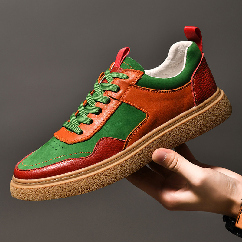 Large Size 45 46 Trendy Brand Sneakers Men's Genuine Leather First Layer Cowhide Men's Shoes Autumn European Style Orange Green Casual Shoes
