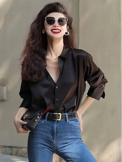 2025早秋新款黑色衬衫设计感高级时尚洋气缎面衬衣女小个子高品质