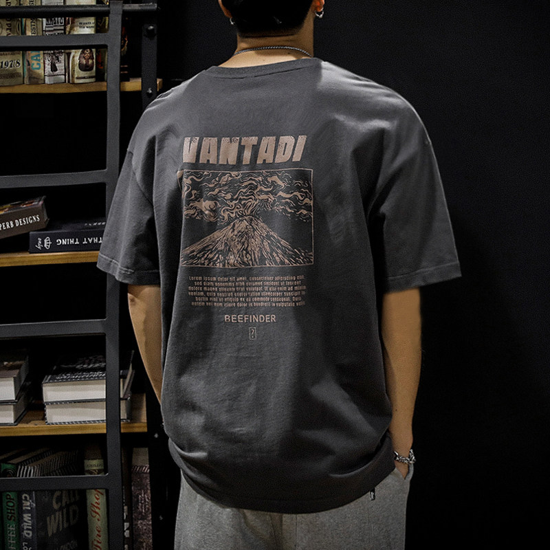 Summer heavy pound pure cotton retro short sleeve t-shirt male American tide card large size dinghy with loose fat and enlarged half-sleeve T-shirt