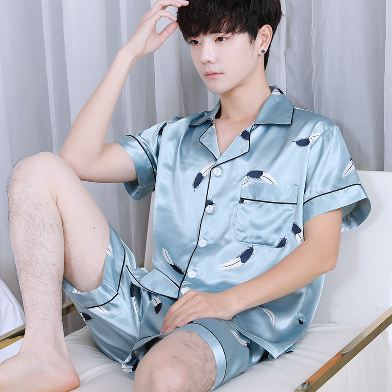 Mens mùa hè lụa băng pajama quần short ngắn tay thiết lập mùa xuân và mùa thu lụa mới quần áo nhà kích thước lớn dễ thương phiên bản Hàn Quốc.