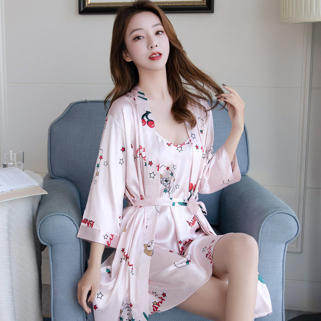 Spring and Autumn Silk Women's Nightgown Suspender Bathrobe Two-piece Ice Silk Pajamas Women's Summer Sexy Home Clothes Cute