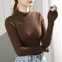 Semi-turtleneck sweater womens 2021 autumn and winter new lace collar coffee color knitted inner tie foreign base shirt top