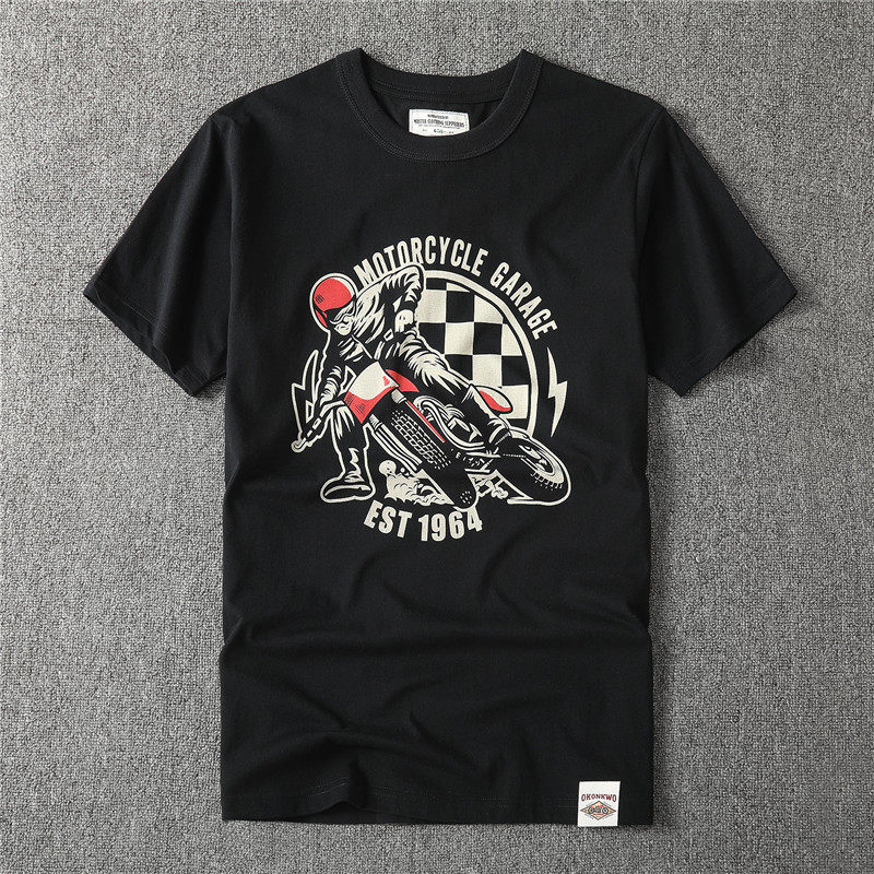 Ami khaki summer retro youth motorcycle print T-shirt men's trend pure cotton 200g round neck short-sleeved T-shirt