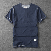 Amemi Karma Summer Youth Knit Denim Blue Round Collar T-shirt Male Tide Card Pure Cotton Elastic Casual Short Sleeve Blouse