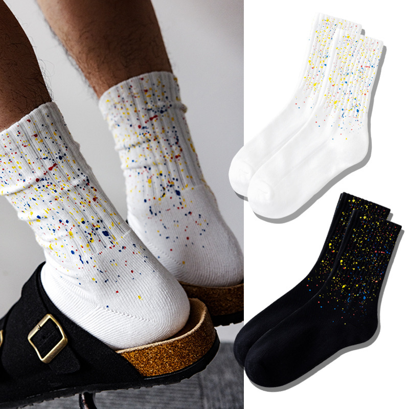 Trbottomy Japanese Style Splash-Ink Socks for Men and Women Mid-Calf Socks Towel Socks Starry Sky Splash-Ink Terry Bottom Sports and Leisure Cotton Socks