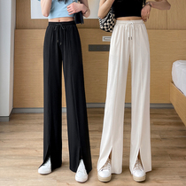 Ice Silk Broadlegged Pants Woman Summer Thin 2022 New high waist open fork Sensation Straight Barrel Casual Tug Pants