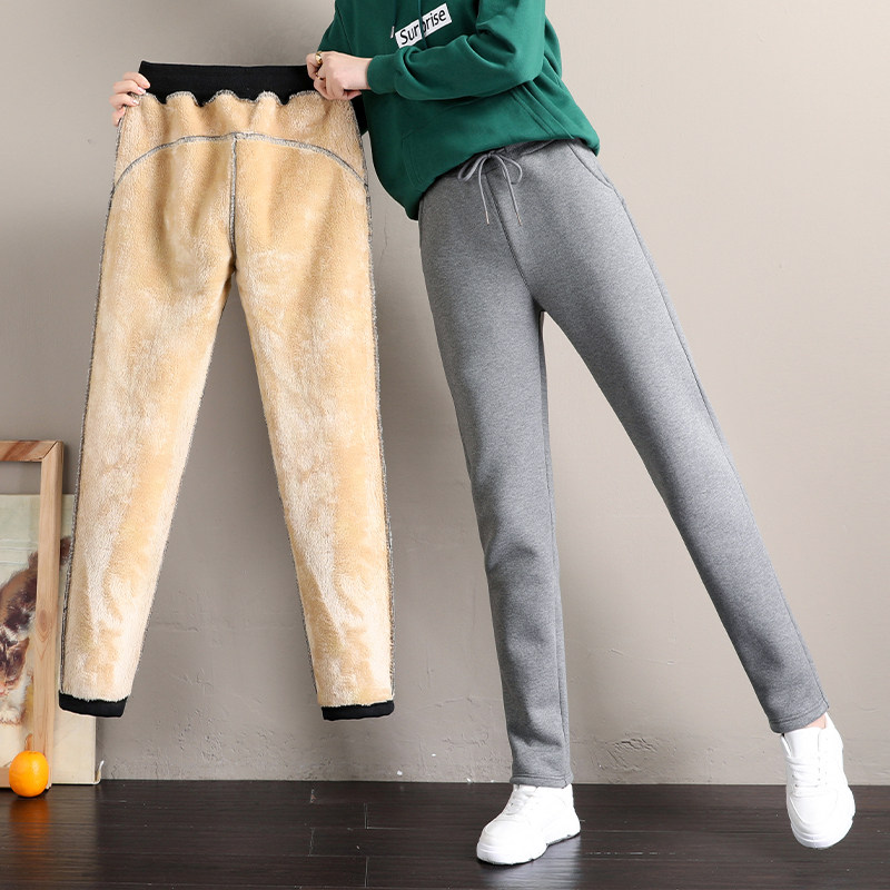 Plus velvet sports pants women's loose imitation lamb velvet outer wear cotton pants autumn and winter thin and thick casual straight sweatpants