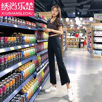 Dip feeling wide leg pants womens high waist micro horn summer thin black pants nine-point loose casual slim suit