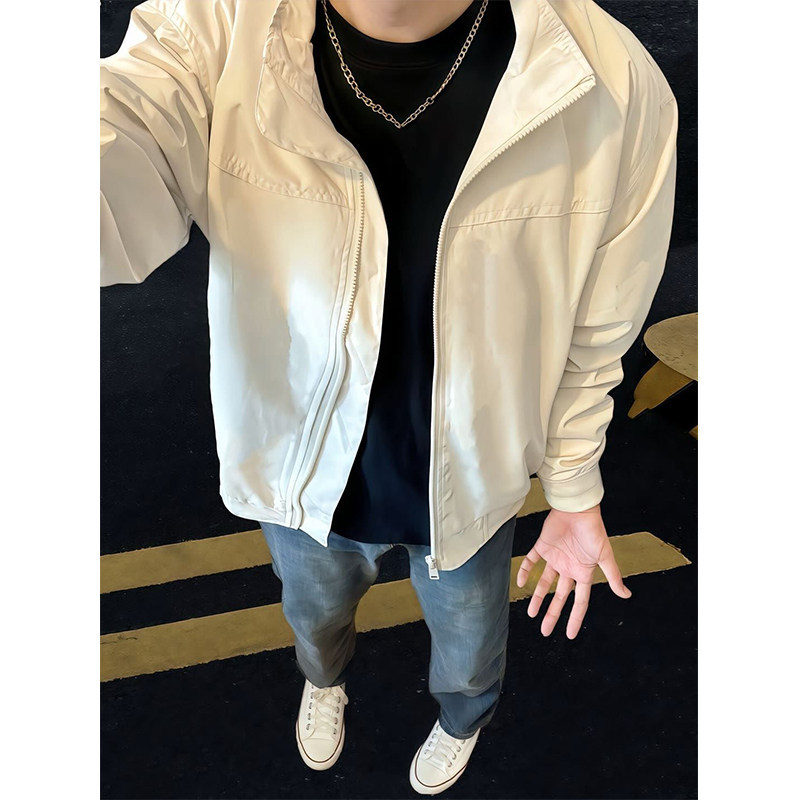 Gtal White Stand-Up Collar Quilted Jacket for Men, Autumn and Winter Style, Three-Proof Softshell Jacket, American-Style Pilot Jacket, Cotton-Padded Jacket
