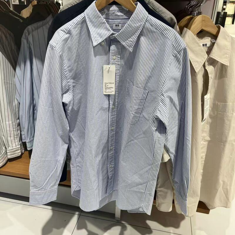Uniqlo Genuine In-Stock Men's Oxford Stripe Long-Sleeve Shirt 470294/467422 Casual