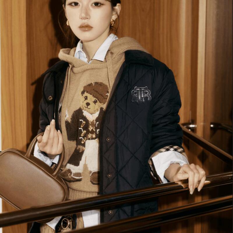 Zhao Lusi Same Style 2024 Autumn and Winter New Bear Academy Style Loose Lapel Quilted Cotton Jacket for Women