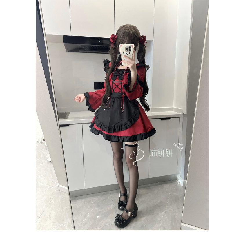Meow Biscuit: Halloween Maid Outfit, Dark Gothic Style, Little Devil Black and Red Long-Sleeved Lolita Dress Meow Biscuit: Halloween Maid Outfit, Dark Gothic Style, Little Devil Black and Red Long-Sleeved Lolita Dress